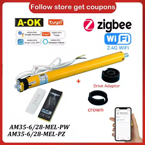 A-OK AM35 6/28 Smart Blinds Tubular Motor,RF433+Tuya zigbee,for 40mm/45mm/47mm/50mm Tube Rolling Shu