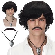 Short Black Curly Mens 70s 80s Wig Mustach with Bolo Tie Costume Wig