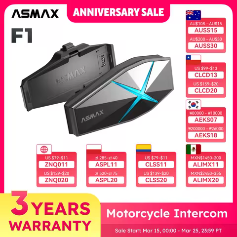ASMAX F1 Bluetooth Motorcycle Intercom 10-Rider Group Communication, Voice Command, IP67 Waterproof,