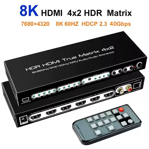 8K 4X2 HDMI Matrix 4 in 2 Out HDMI 2.1 Matrix HDMI Video Switcher Splitter +Optical & L/R Audio Outp
