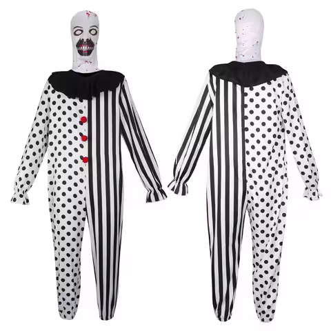 Movie Terrifier Cosplay Clown Costume Joker Jumpsuit Headgear Hat Horror Outfit Uniform Halloween Ca