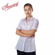 Áo sơ mi nữ Amazing, màu trắng, tay ngắn, vải KT silk mềm mướt, thấm hút mồ hôi, size từ 40-80kg