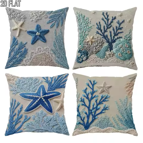 1/4pcs Coastal Ocean Themed Throw Pillow Covers, Starfish Coral Beach Style Cushion Cases for Home D