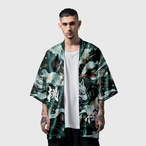 Japanese Kimono Cardigan Yukata Women's Japanese Streetwear Shirt Fox Print Haori Women's Kimono Top