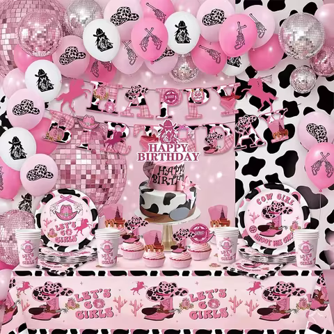 Pink Cowgirl Party Decorations Western Bachelorette Supplies Disco Rodeo Birthday Tableware Plates C