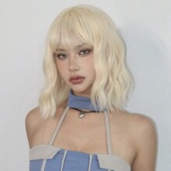 Ombre Golden Short Wavy Cosplay Lolita Wig With Bangs, Pale Platinum Bobcut, Heat-Resistant Syntheti