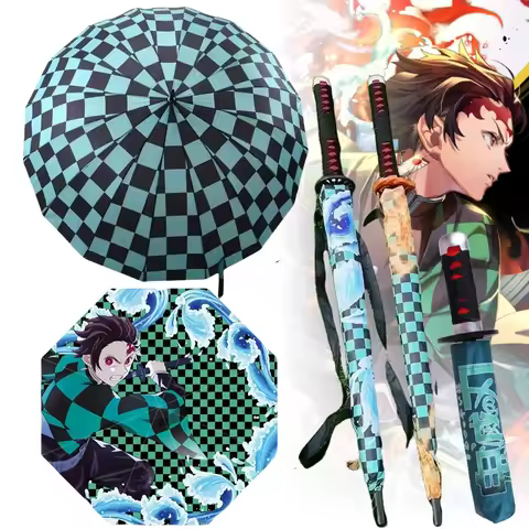 Long Kamado Tanjirou Katana Umbrella Handle UV Blocking Black Parasol Anime Demon Slayer Japanese Ka