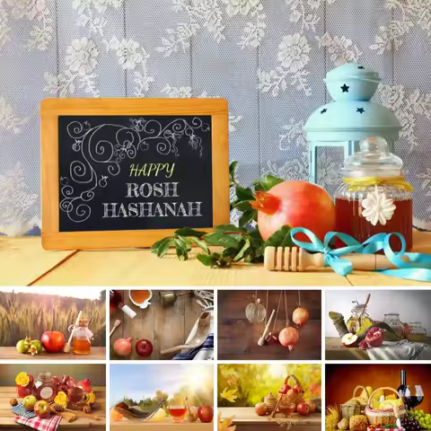 Happy Rosh Hashanah Background for Jewish New Year Festival Party Shofar Apple Honey Pomegranate Pho