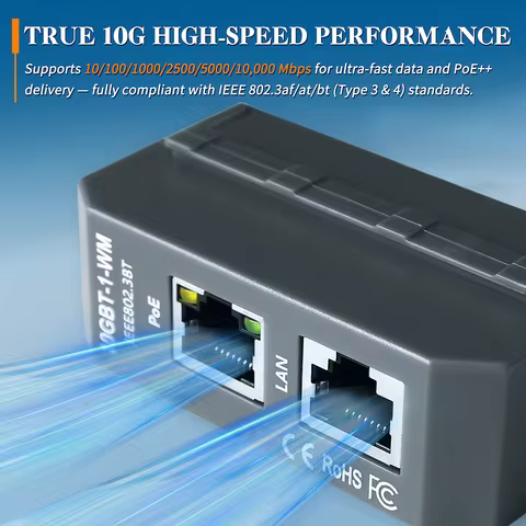 DIN Rail Mount 10G High-Speed PoE++ Injector IEEE 802.3af/at/bt Type 4 Active PoE 90W Max Output for