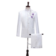 2PCS Suit Set for Men with Diamond and 3D Flower Choir Host Stage Singer Performance Costume Enchant