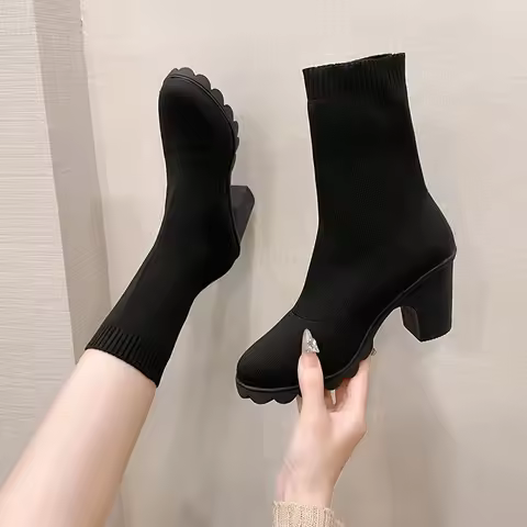 Stretch Sock Boots for Woman Square Heel Yellow Knitting Footwear Elastic Cottton Boots Lady Footwea