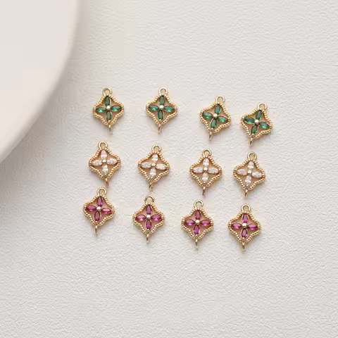 4PCS Delicate Brass Double Holes Four Leaf Zircon Rhinestone Pendant Jewelry Components DIY Findings