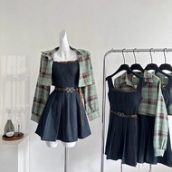 Retro Ethnic Style Short Checked Shirt Women Summer 2025 New Style Pleated Denim Dress Two-Piece Set