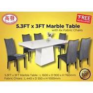 5.3FT x 3FT Marble Dining Set Marble Table + 6x Fabric Chiars Meja Makan 6 kerusi Marble Table Set