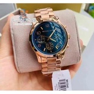 ✨Michael Kors 鋼帶石英手錶 女士腕錶 MK5940 三眼錶 玫瑰金鋼煉 日曆 藍色錶盤23m