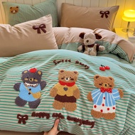 4 IN 1 Washed Cotton Cartoon Style Stripe Print Bear Embroidery Bedding Set Dopamine Color Palette S