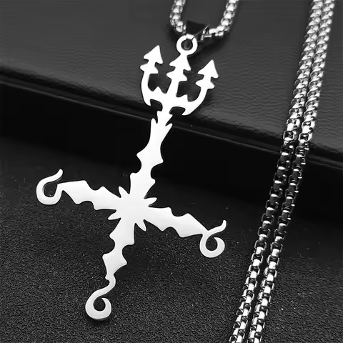 Heavy Metal 666 Music Band Necklace Stainless Steel Black Color Sigil Church of Satan Fork Cross Nec