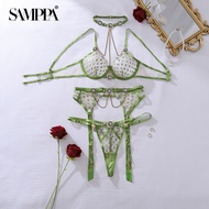 SAMPPA Women's Lingerie Set - Jewel Honey Halter Bra & Garter Thong, Diamond Embroidery, Luxury 3PC