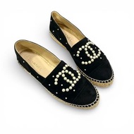 DISPLAY~CHANEL漁夫鞋 39碼 黑色麂皮珍珠CC LOGO ESPADRILLE #BRAND NEW #香榭站正品