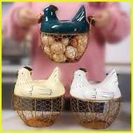 ▪ ◈ ◹ Large Stainless Steel Mesh Wire Egg Storage Basket with Ceramic Farm Chicken Top and Handles