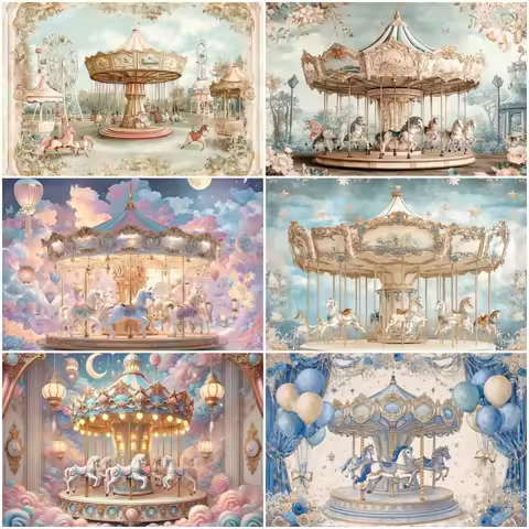 Children's Day Carousel Theme Backdrop Balloon Floral Kids Gift Decorations Birthday Party Baby Show