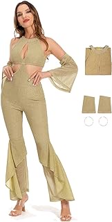 Women Disco Sleeveless Jumpsuit 70s Nightclub Outfit Gold Romper Costume Retro Bell Bottom Flare Leggings