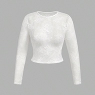 เสื้อยืดผ้าโปร่งลูกไม้สีพื้นเซ็กซี่แฟชั่นไซส์พิเศษ
