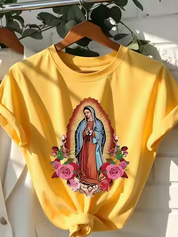 Ladies' Pink Virgin Mary Pattern T-Shirt Short-Sleeved Casual Top with Floral Print Machine Washable