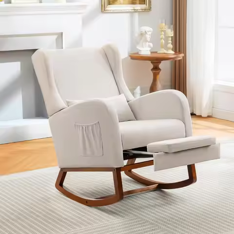 Rocking Chair Nursery Glider Chair with Foot Rest, Nursery Rocking Chairs with Rubber Wood Legs Side