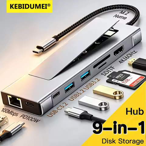 KEBIDUMEI 9-in-1 M.2 SSD HUB USB C Docking Station with Disk Storage Function SSD Enclosure RJ45 HDT