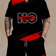 ชุดเซ็ตเสื้อยืดพิมพ์ลาย "NO LIMIT" และกางเกงขาสั้นเอวด้านในผูกเชือกใส่เที่ยวช่วงฤดูร้อน สำหรับผู้ชาย