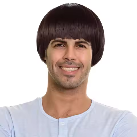 Men's Short Brown Mushroom Cut Roleplay Wig Bowl Cut Anime Retro synthetic Wig Suitable for Filming,