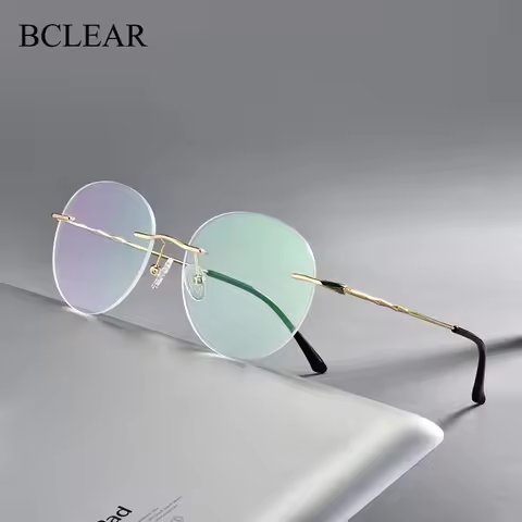 Titanium Alloy Rimless Glasses Frame Men Ultralight Round Eyeglasses Myopia Prescription Frames For 