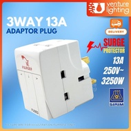 13A 3WAY Adaptor Surge Protector Neon Light Safety Shutter 13A Easy for 2 Pin Plug Extension Plug Ke