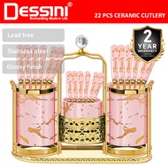 DESSINI ITALY 22 Pcs Stainless Steel Ceramic Cutlery Stand Holder Serving Table Spoon Dessert Fork T