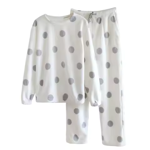 Flannel Pajamas For Women Autumn And Winter Casual Pullovers And Long Pants Sets Cute Polka Dots Pri