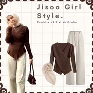 Korean Women's Outfit (Jisoo Coffee Blouse and Ivory Knit Pants) One Set Hijab 3 In 1 - FE29