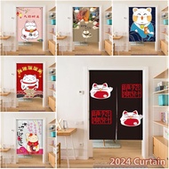 Chinese Style Half Curtains Kitchen Smoke-Proof Partition Lucky Cat Printed Durable Door Curtain Fabric Home Decor