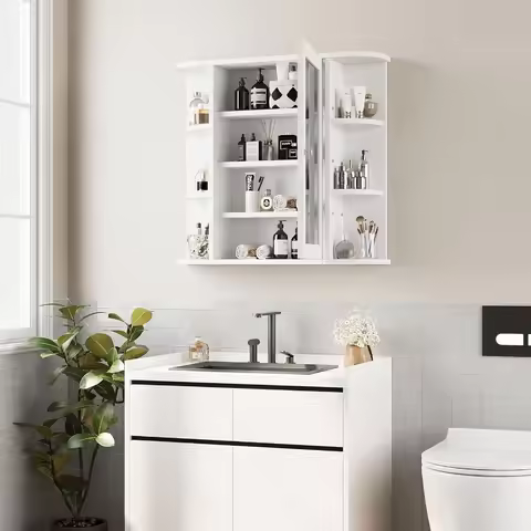 Wall Cabinet With Mirror, Mounted Medicine Cabinets With 4 Internal And 6 Open Shelves, Mirrored Doo