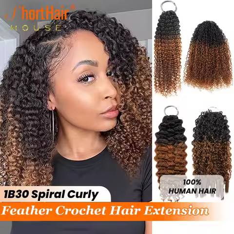 Burmese Spiral Curly 1B/30 Feather Crochet Hair Extensions Pre-Separated Knotless Water Wave Feather