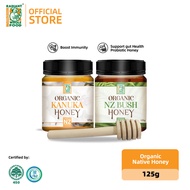 Radiant Honey Set [Organic Kanuka Honey + Organic NZ Bush Honey (125g) with Mini Wood Honey Dipper]