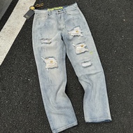 RHHA Drew Smiley Face Wide Leg Destruction Loose Straight Denim Trousers Jeans Men Women Same Style