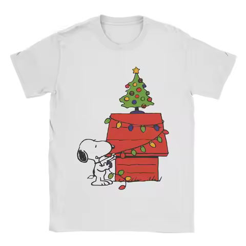 Vintage Cartoon Snoopy Christmas Tree T-Shirt for Men Round Collar 100% Cotton T Shirts Short Sleeve