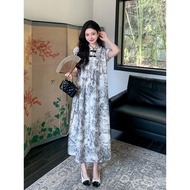 【Plus】（35-90kg）新中式国风水墨画小飞袖连衣裙女夏季新款高级感气质显瘦长裙Ready Stock Cheongsam Big Size dress Oversize