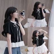 Easy to coordinate short ruffled neck T-shirt with bow and puffy cuffs, Korean Women's Shirt LAVIAN 