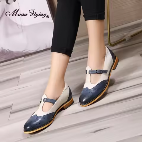 Mona Flying Women Genuine Leather Mary Jane Flat Casual Buckle Shoes Loafers Ladies T Strap Shoes El