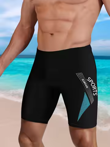 Men Swim Shorts with Sporty Letter Prints Slim Fit Beach Gym Hybrid Shorts Stretchy Quick-Dry Summer