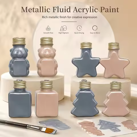 2‑Color 50ml/1.69oz Metallic Fluid Acrylic Paint Set, Gold & silver metallic tones. 4 shaped bottles