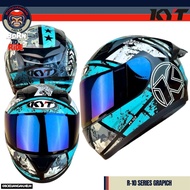 KYT HELM R10 GRAPHIC 3 BLACK BLUE FULL FACE - IRIDIUM FLAT VISOR - SPOILER 3D
