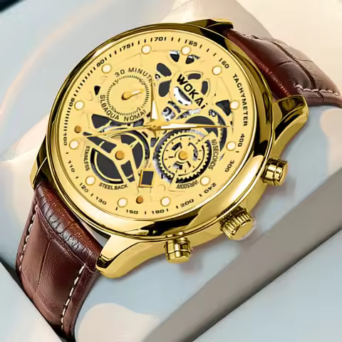 2023 Hot Sale WOKAI Watch Men Gold Watches Fashion Luxury Golden Skeleton Surface Quartz Wristwatche